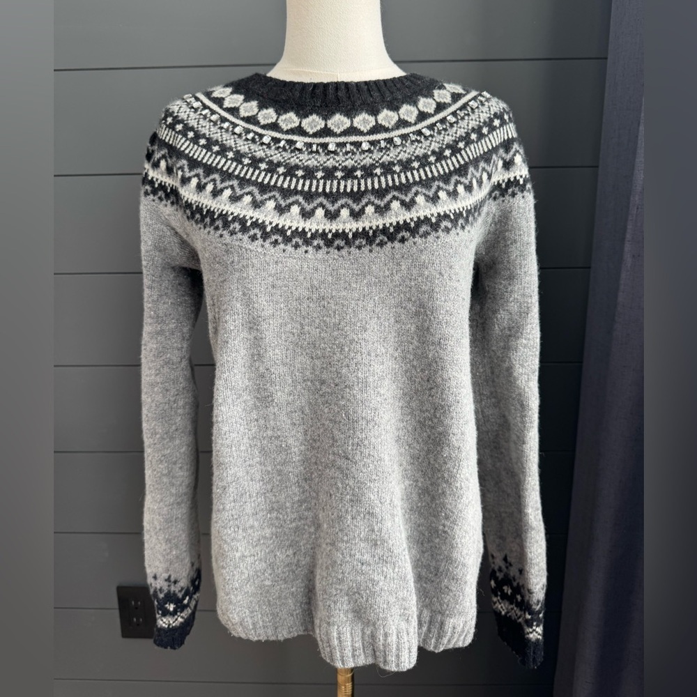 Kenar Black, White & Gray Wool Blend Nordic Fair Isle Rhinestone Sweater Sz Lg